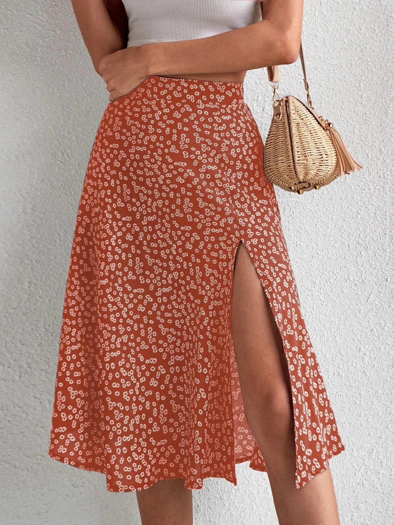 Spring and summer womens versatile floral zipper split Aline skirt 250514