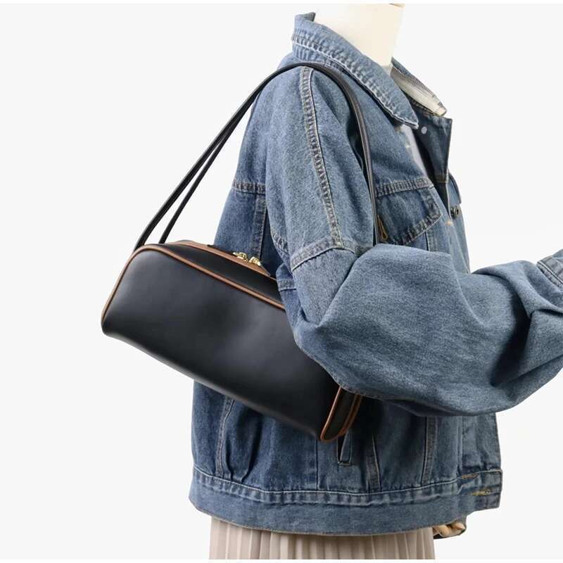 2025 Brand Genuine Leather Portable Bowling Women's Super Fire Color Splicing Advanced Sense Shoulder Commuter Underarm Bag
