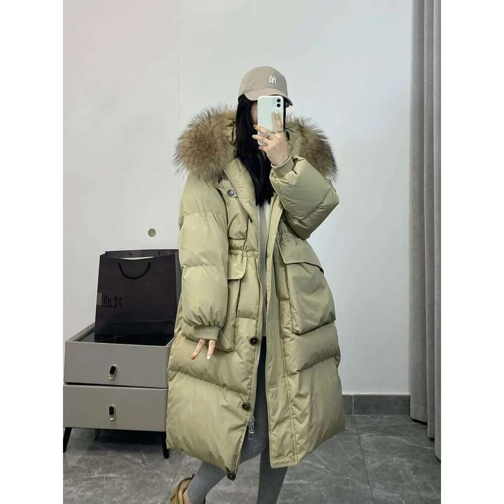 Women Waterproof Winter Long Puffer Jacket 2024 Real Raccoon Fur Hooded Duck Down Coat Female Rain Feather Parkas