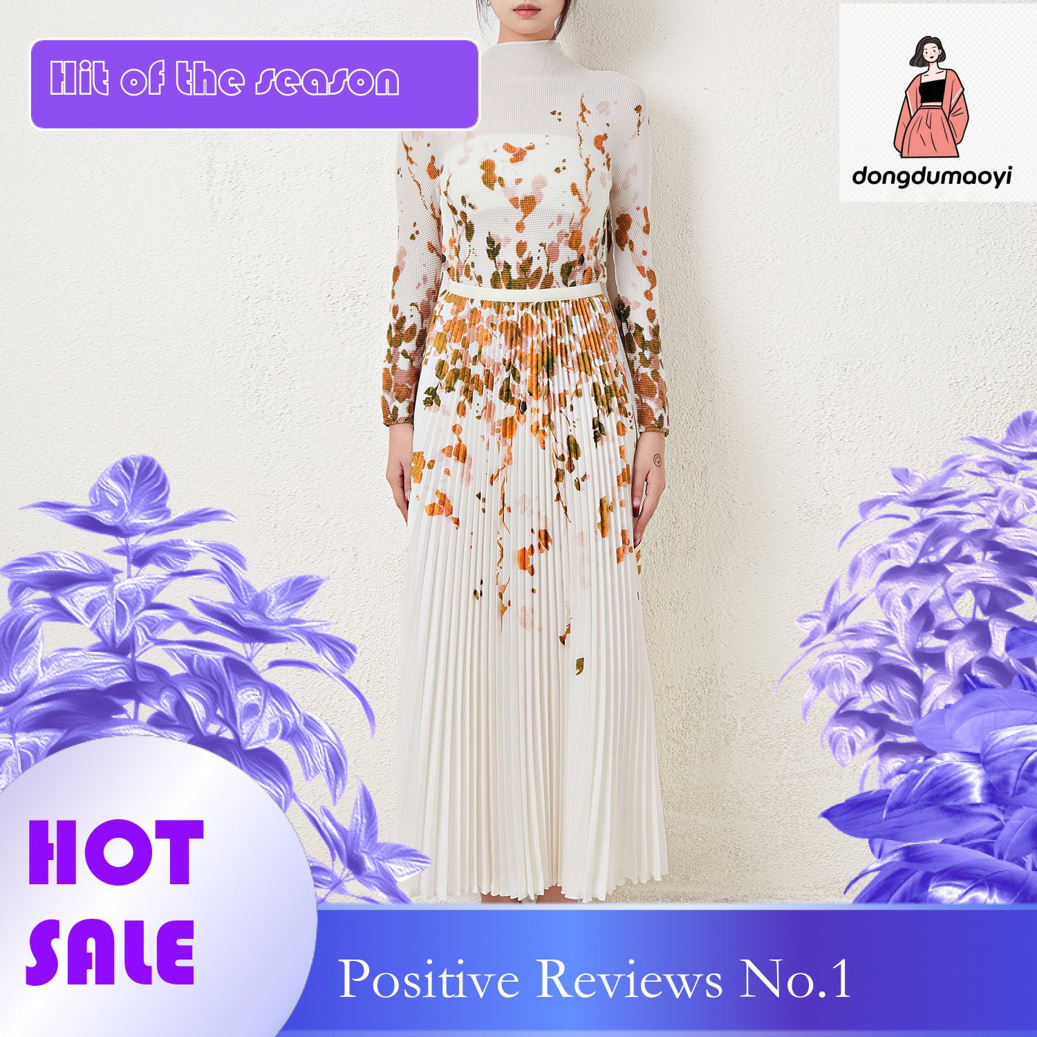 dongdumaoyi Printed autumn new three bedroom top pleated slim fit long sleeved t-shirt women's two-piece set
