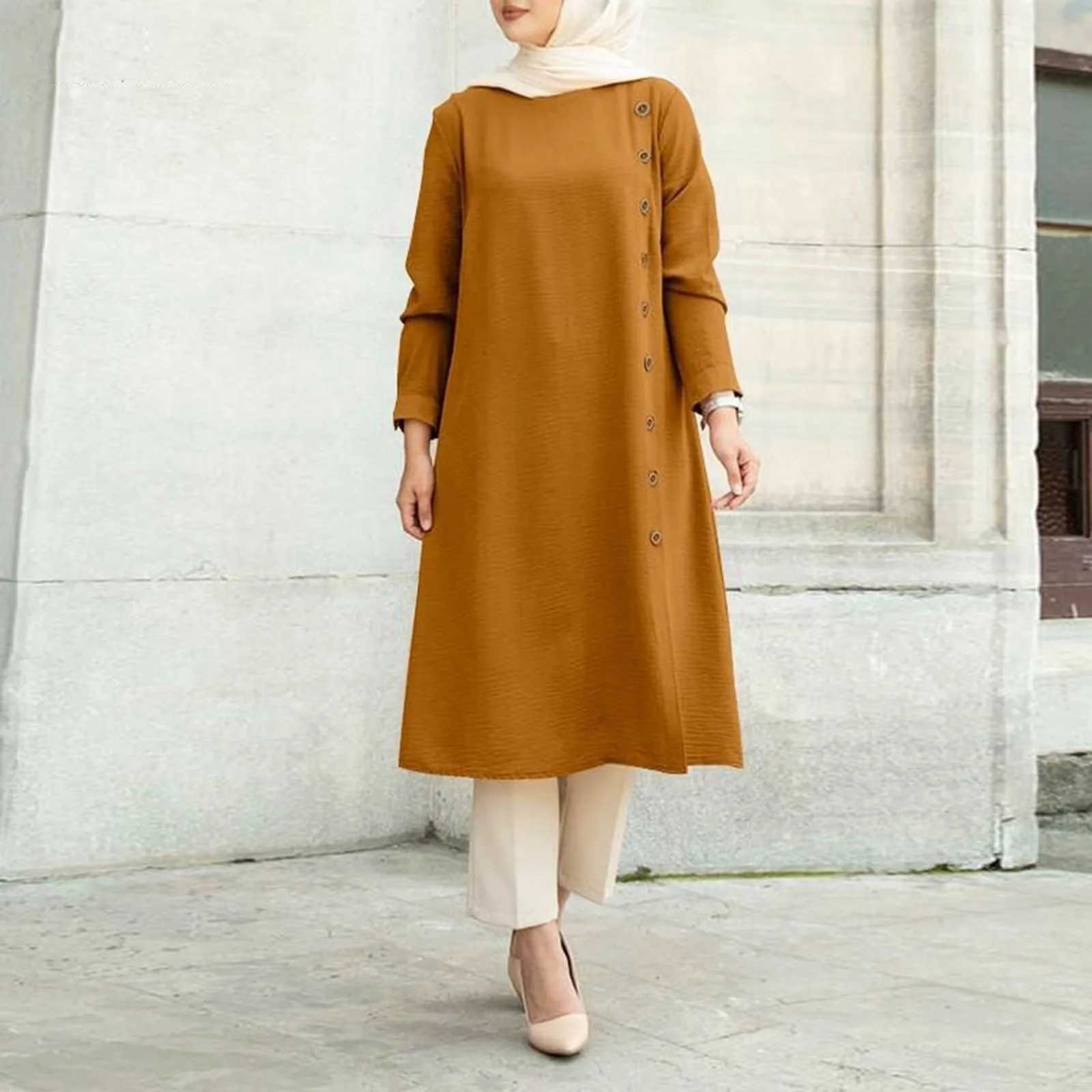 Arab Women Muslim Long Slve Blouse Dress Casual Loose Blouse Shirts Tops Tunic Loose Chemise Morocco Turkish Solid Dress X250514