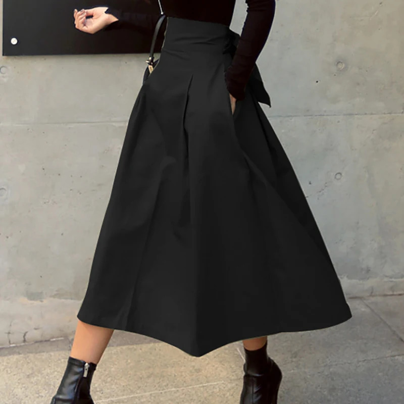Skirts Womens Korean Fashion Solid Color Big Swing Ladies Skirt Long Skirt 2025 Autumn Wild High Waist Bow Slim Skirts 250513