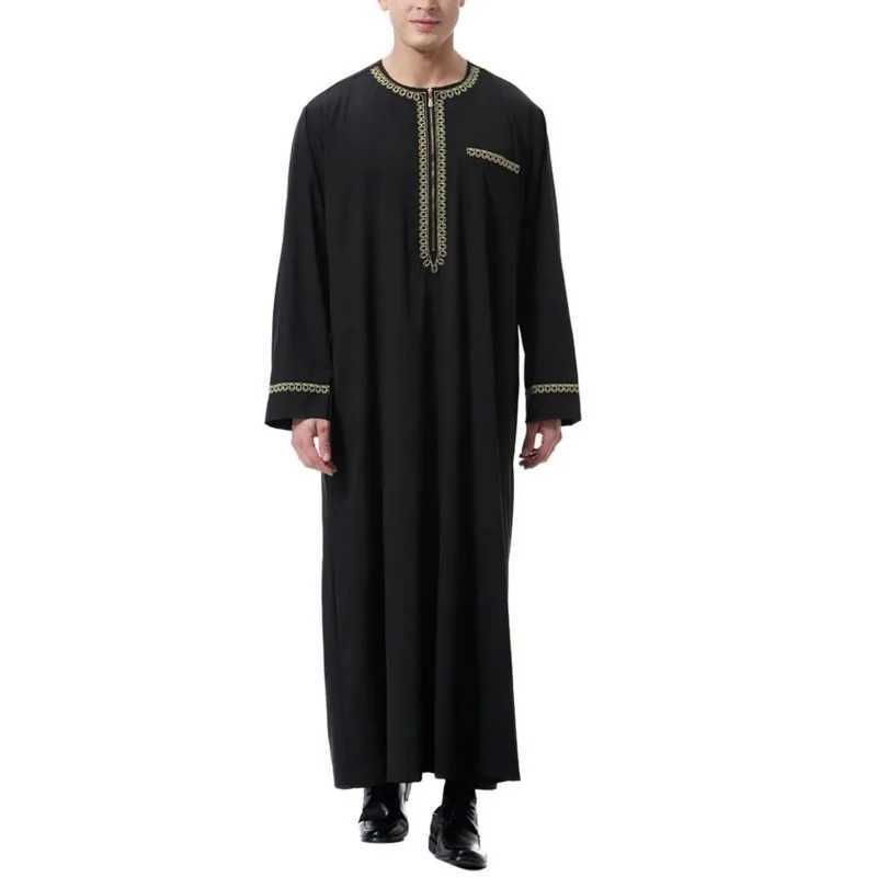 Mens Muslim Robes Middle East Arab Ramadan Islamic Clothing Solid Color Casual Lace Round Neck Long Sleeve T-shirt Dress Tunic X250514