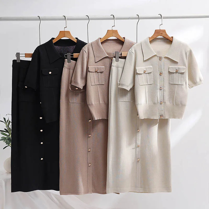 Elegant Short Sleeve Knit Blazer Women Suit Summer Vintage Knitted Two Piece Set 2 Skirt and 250514