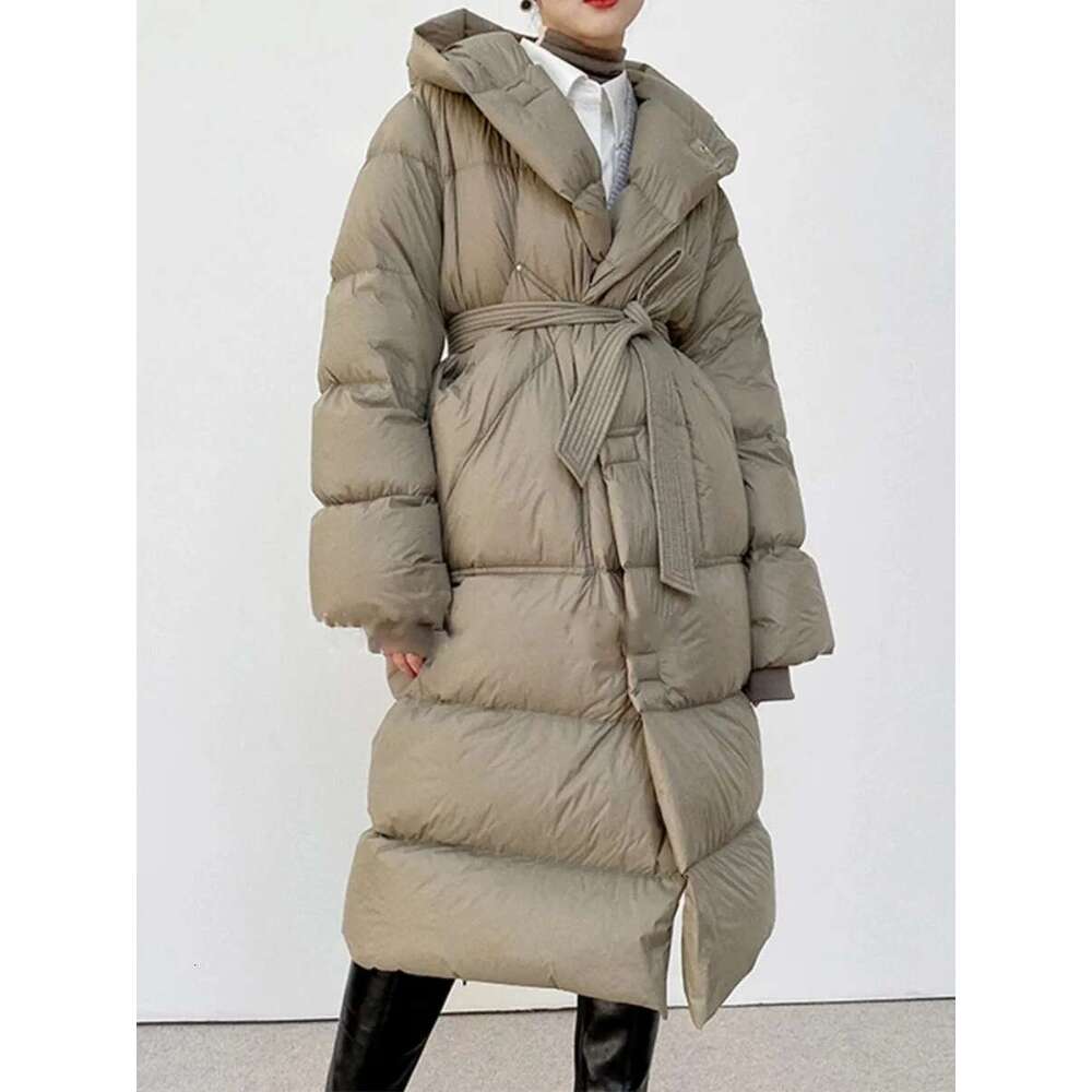 New White Duck Down Winter Puffer Jacket Women Solid Thick Warm Female Sashes Tie Up Over The Knee Coat Fashion Oversize Hooded