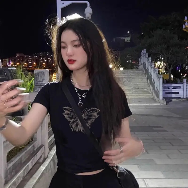 Black Cotton Shortsleeved Tshirt for Women in Summer Slim Short Butterfly Printed Front Shoulder Top 250514