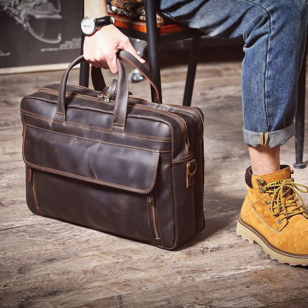 Men's Vintage Genuine Leather Briefcase 17" Laptop Bag, Messenger Bags Work Business Crazy Horse Cowhide Handbag For