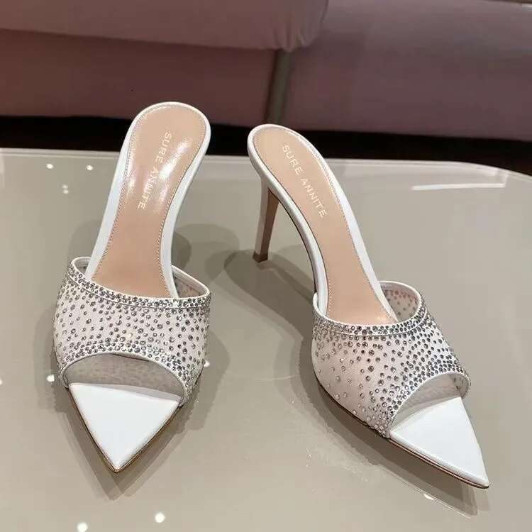 Fashionable stiletto rhinestone slippers pointed open toe slip-on high heel sandals