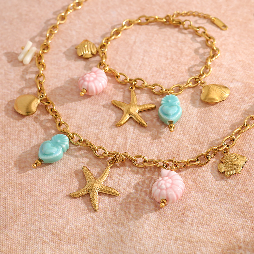 Ocean Inspired Fish & Starfish Titanium Steel Bracelet with Colorful Ceramic Charms, Elegant Necklace for Women