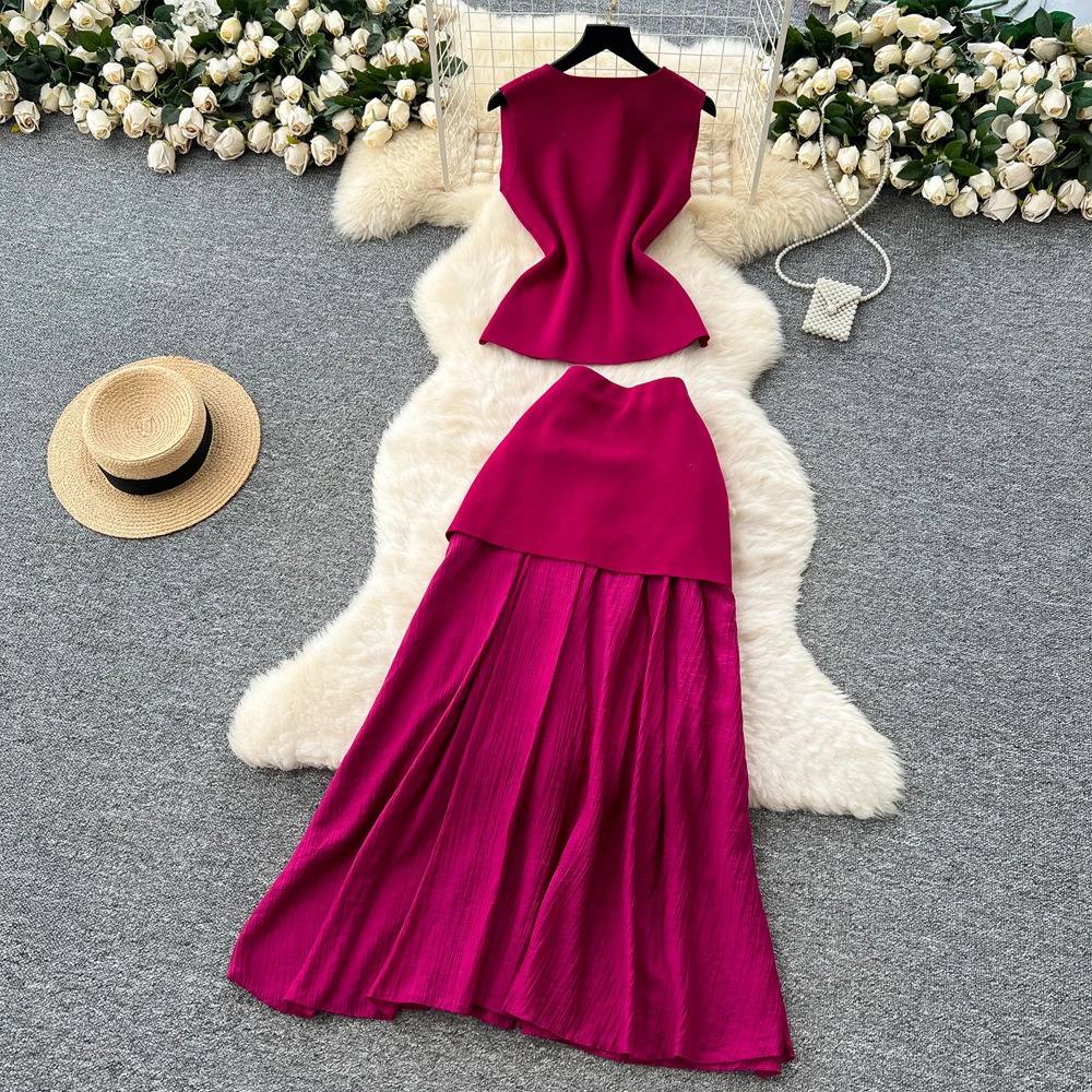 YuooMuoo Fashion Two Piece Suits for Women Summer Lady Elegant Patchwork Aesthetic Long Skirts and Knitted Vest Tops 250514