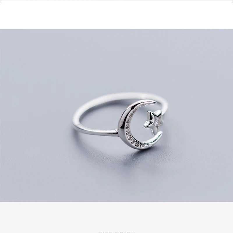 Real 925 Sterling Silver Minimalist Zircon Moon Star Opening Ring For Charming Women Party Fine Jewelry Cute 2019 GiftXJ250514