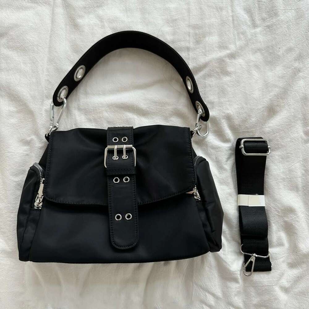 Wide Y2K bag Strap Single Shoulder Diagonal Cross Underarm Bag Fashion Rivet Women's Nylon Handbag Black
