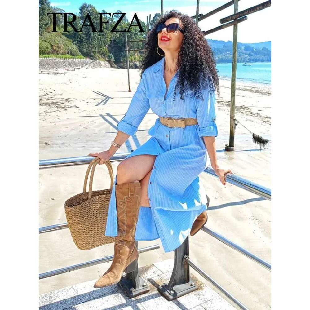 TRAFZA New Woman Blue Striped Chic Long Sleeve Dress Office Lady With Belt Midi Dresses Casual Loose Holiday Mujer Vestidos