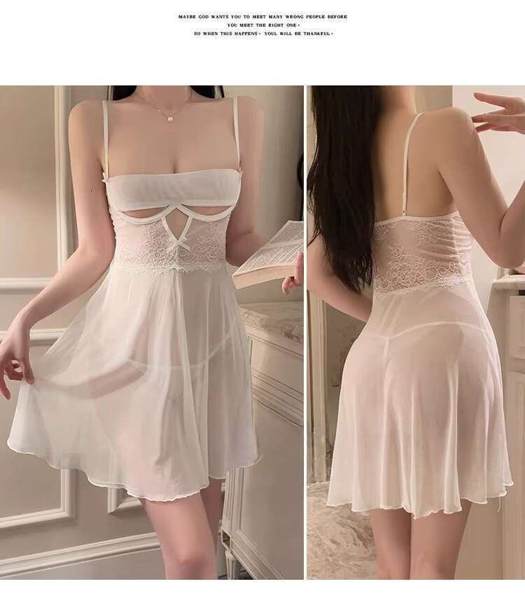 2025 Hot Deep-V Steel Ring See-Through Mesh Sling Nightdress Black Uniform With G-Strings Sexy Lingerie For Women