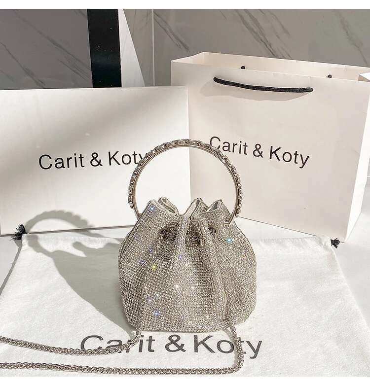 Rhinestones Dia Evening Clutch Designer Metal Ring Women's Handbag Wedding Party Bling Bucket Purse Shoulder Bag
