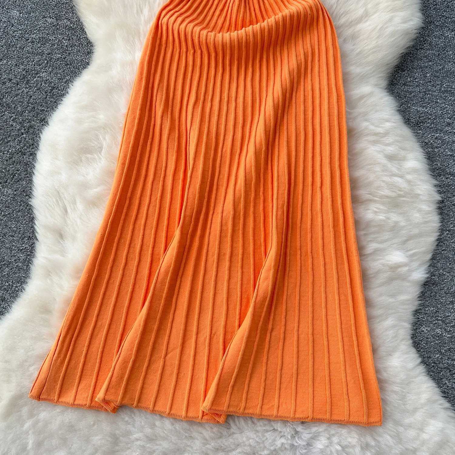 Knitted Pleated Long Dress High Waist Midi Sling Dress Elegant Sleeveless Yellow Dress Women Streetwear Black Bodycon DressXJ250514