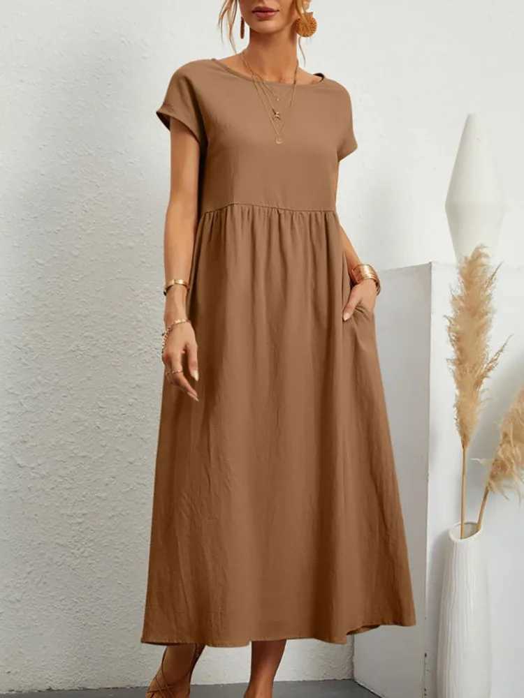 Womens Casual White Short Sleeve Midi Dress Summer Round Neck Cotton And Linen Vintage Loose Long Dresses With Pockets Y2KXJ250514