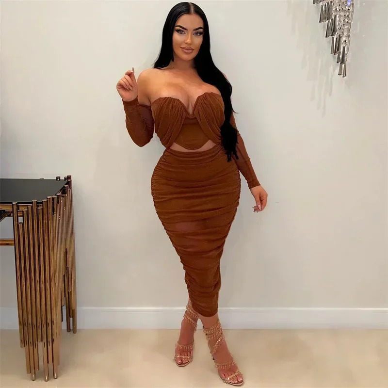 Sexy Party Night 2 Piece Outfit Set Women Y2K Clothing Mesh Ruched Strapless Crop Top and Skirt Clubwear Bodycon Maxi Dress Sets 250514