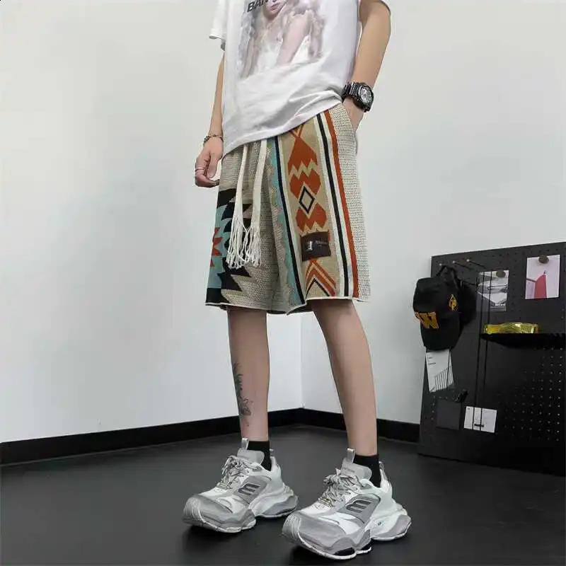 American Vintage Patchwork Knit Shorts For Men Navajo Embroidery Geometric Knitting Short Pant Summer Oversize Loose Shorts Fat 250513
