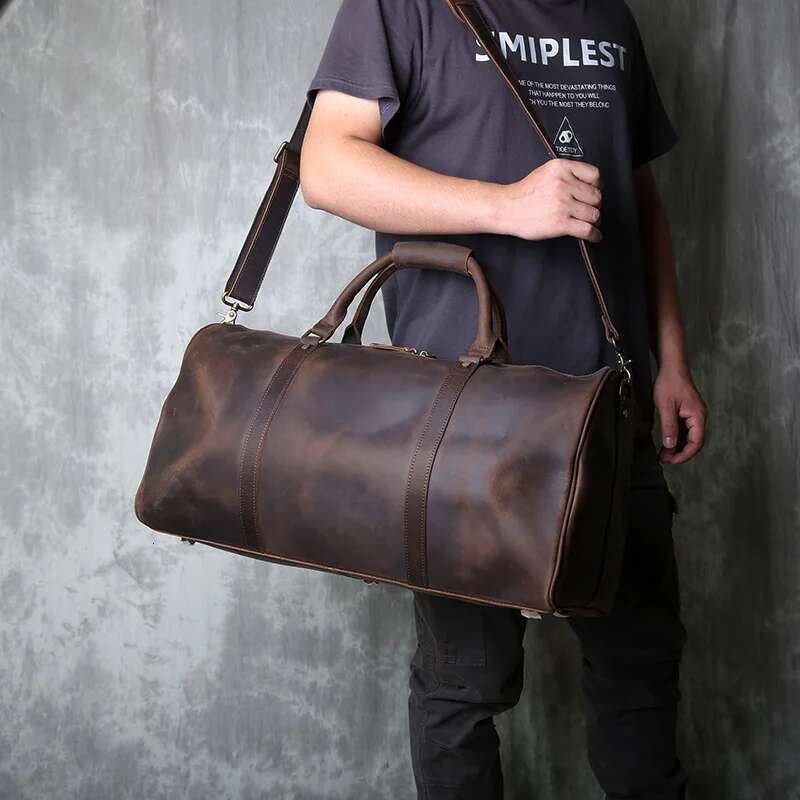 Vintage Leather Cross Style Men's Hand Lage Crazy Horse Cowhide Large Capacity Single Shoulder Duffel Bag