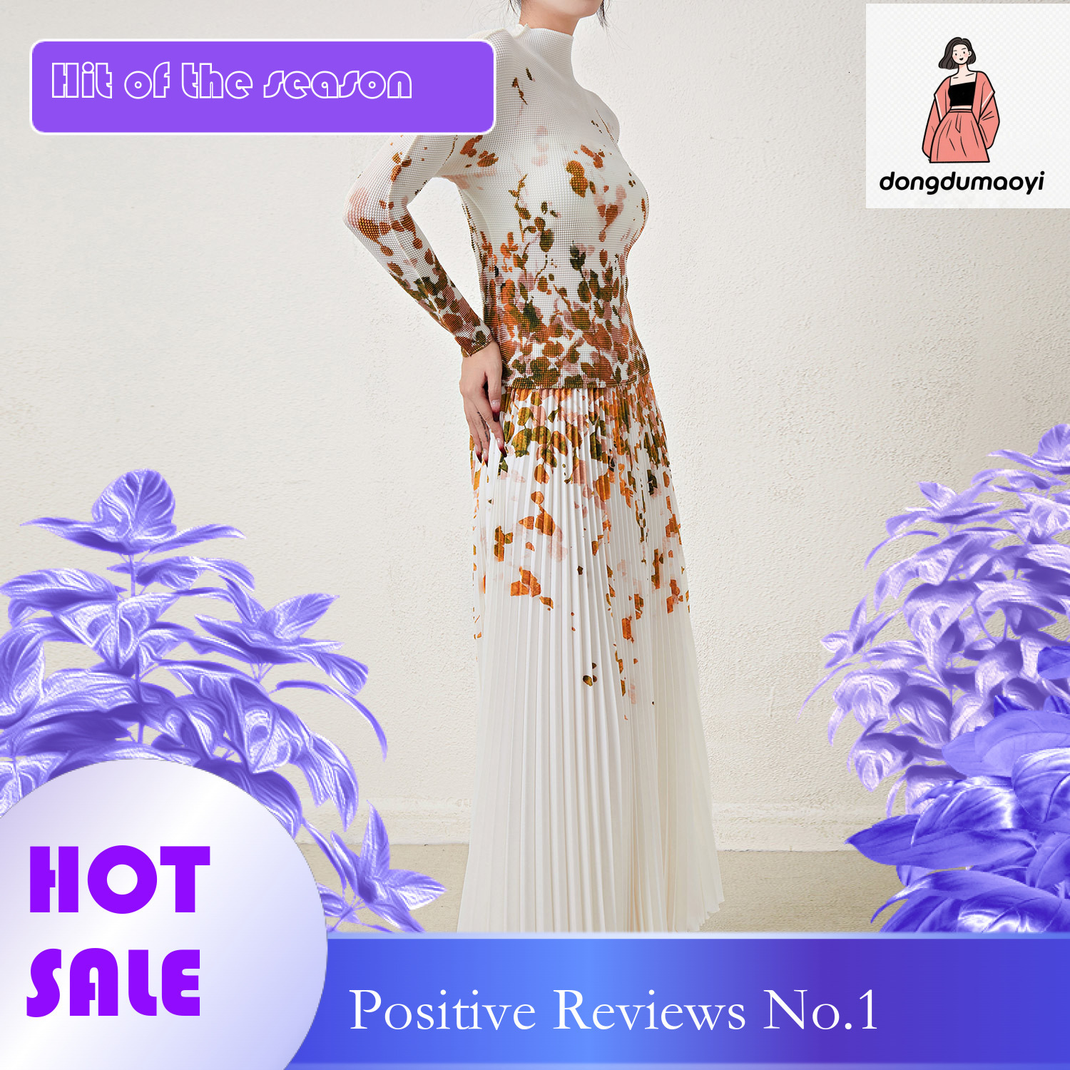 dongdumaoyi Printed autumn new three bedroom top pleated slim fit long sleeved t-shirt women's two-piece set