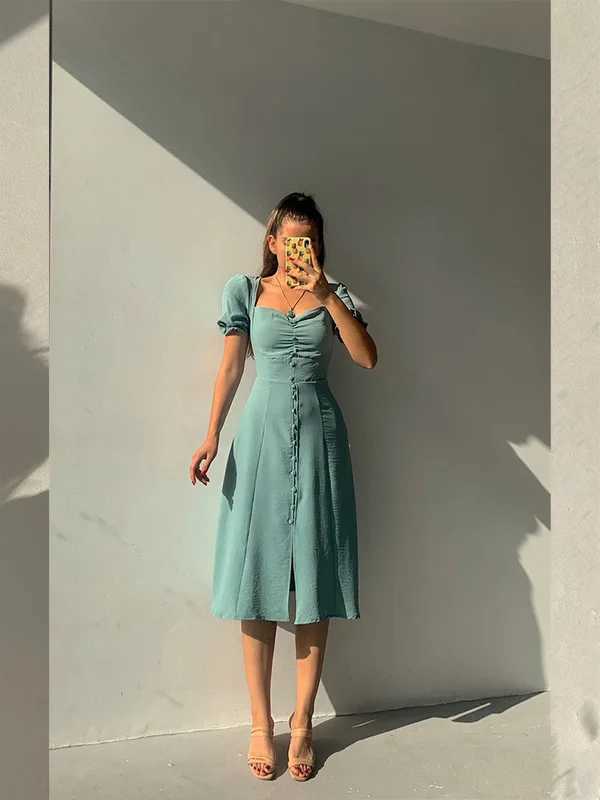 Fashion Bandage Bodycon Dresses For Women Puff Short Sleeves Sexy Low Cut Slim A-line Dress Elegant Ladies Dresses 2023 SummerXJ250514