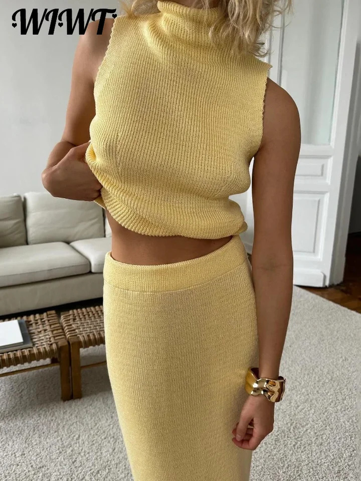 Slim Knit Turtleneck Vest Skirts Set Women Green Sleeveless Sweater Waistcoat High Waist Skirt Autumn Ladies Elegant Outfit 250513