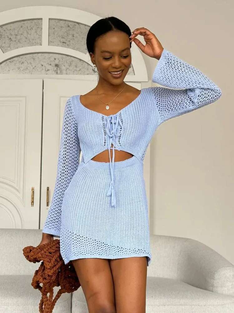 2024 Women Solid Knitted Cut Out Swimwear Cover Up Sexy V-Neck Lace-Up Bell Sleeve Beach Mini Dress Summer Holiday Outfits A3096
