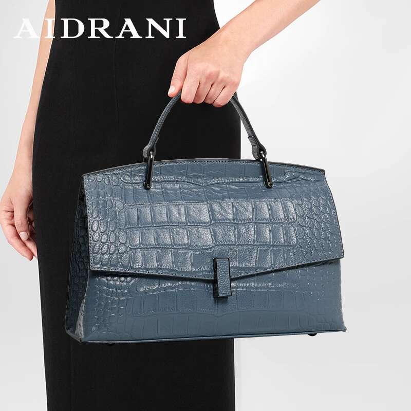 Aidrani Fashion Genuine Leather Women's Handbag With Crocodile Pattern Blue Cowhide Briefcase