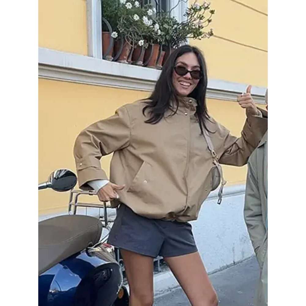 Casual Khaki Short Outerwear Woman Loose Lazy Turtleneck Long Sleeve Single Breasted Windbreaker Coats Lady Thin Trench Jackets
