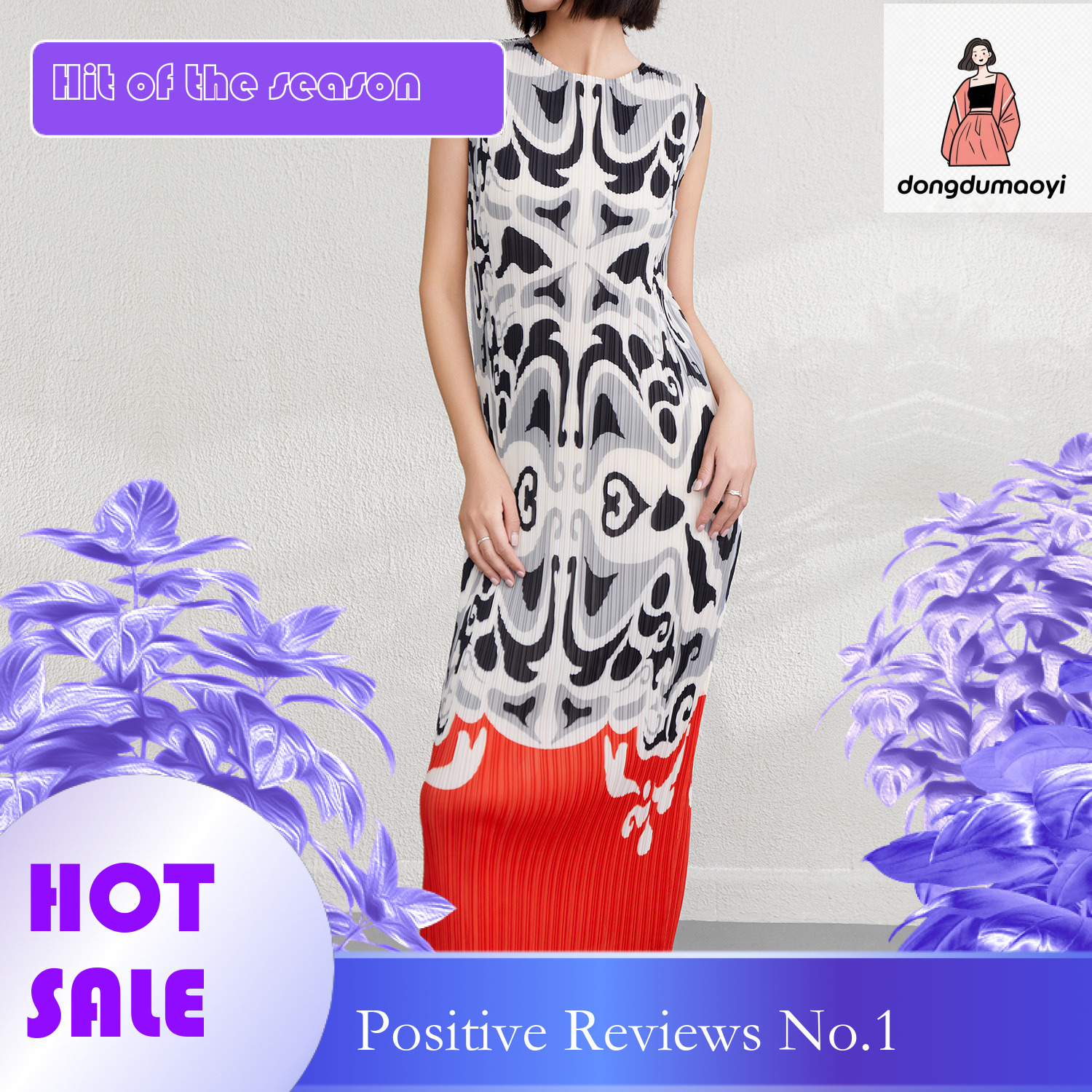 dongdumaoyi Miyake dress for petite women in summer with elegant and luxurious prints slim fit sleeveless pleated pencil skirt
