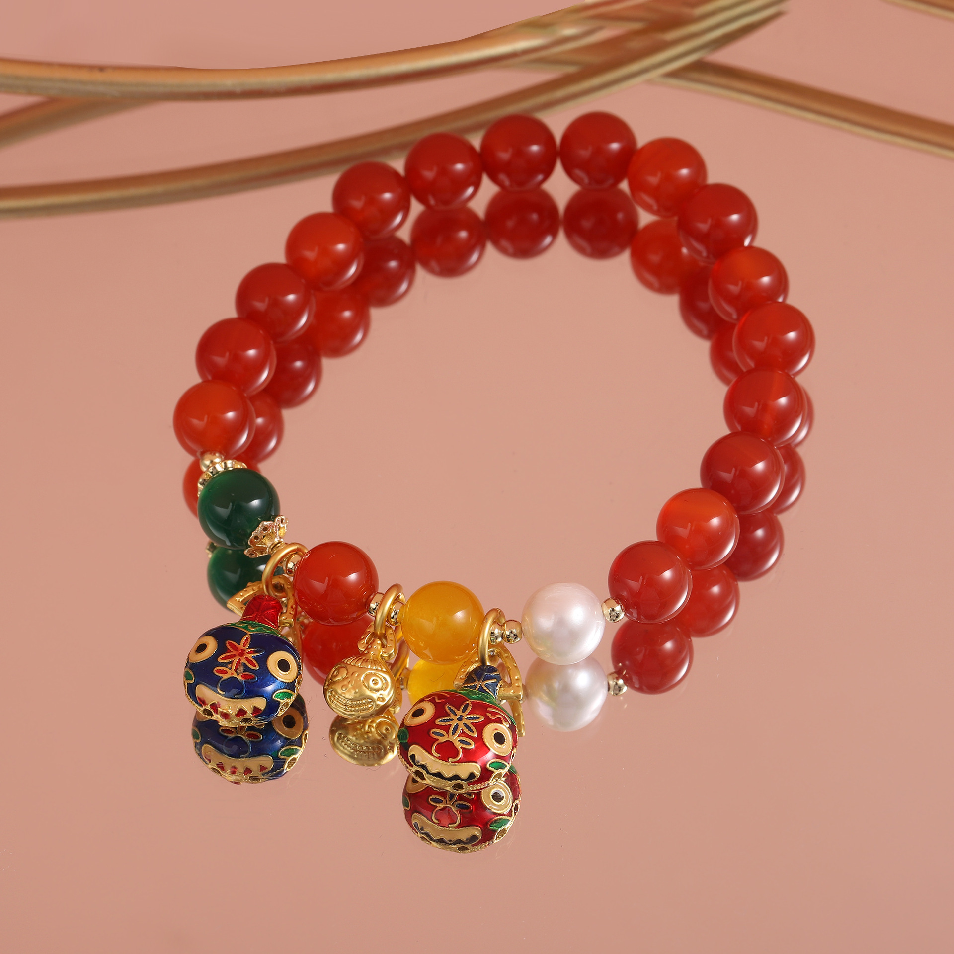 Ethnic ancient style crystal couple agate bead swallowing gold beast double circle big red bracelet