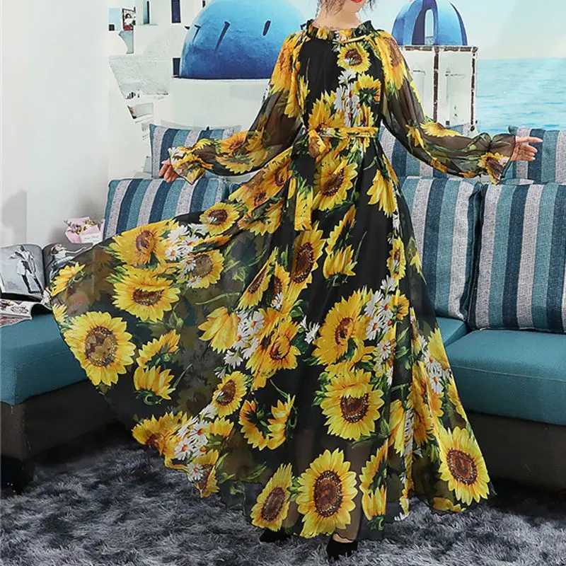 2023 Boho Beach Sunflower Print Maxi Dress Fashion Women Long Dress Full Slve Party Holiday Muslim Travel Photo Vestidos Robe X250514