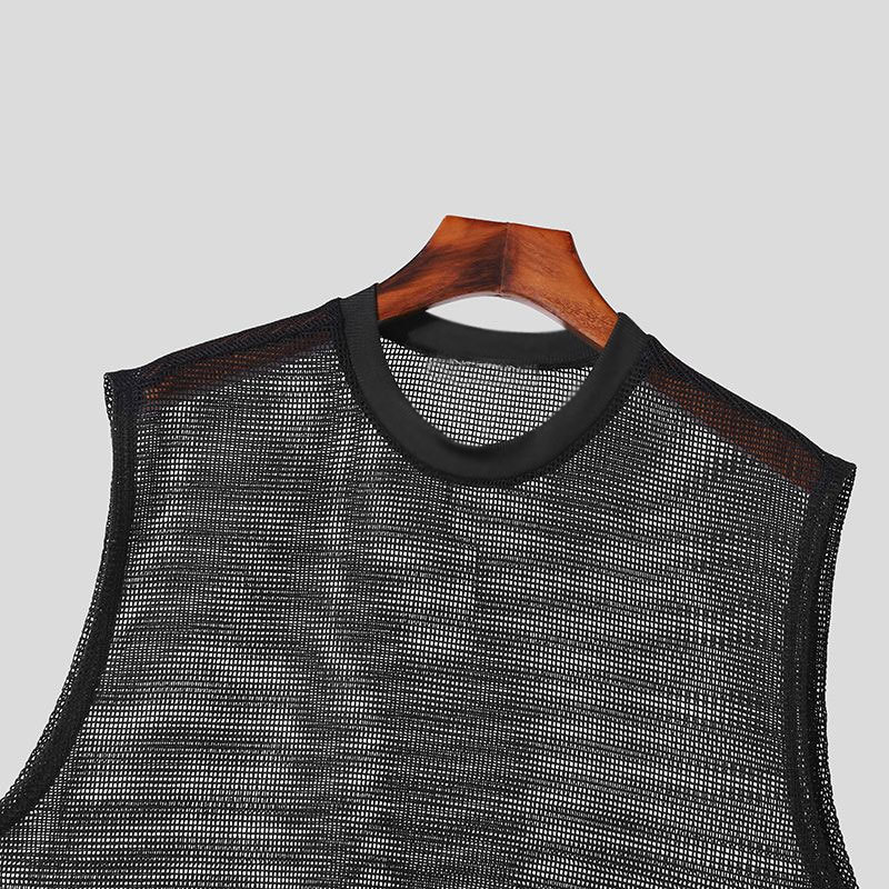 Men's T Shirts Men's sexy mesh round neck T-shirt, men's loose casual sleeveless see through vest