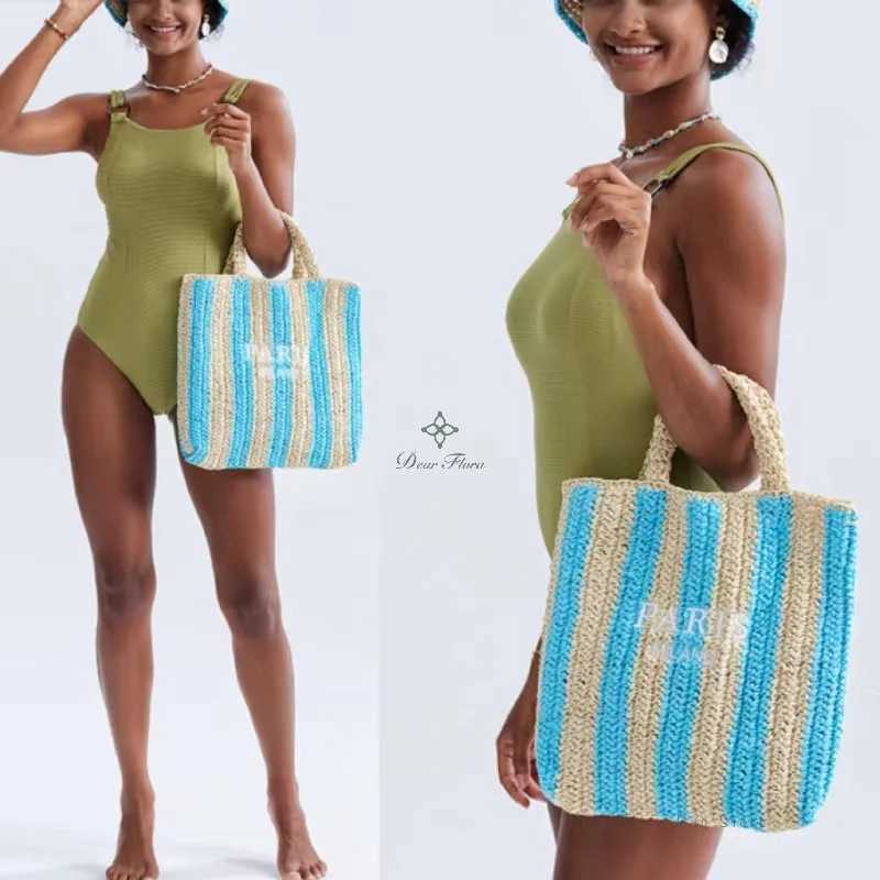 Women Colorful Stripes Fashion Straw Knitting Tote Bag Handwoven Summer Beach Travel Shoulder Bag Casual Bali Big Handbag Purses Z250514