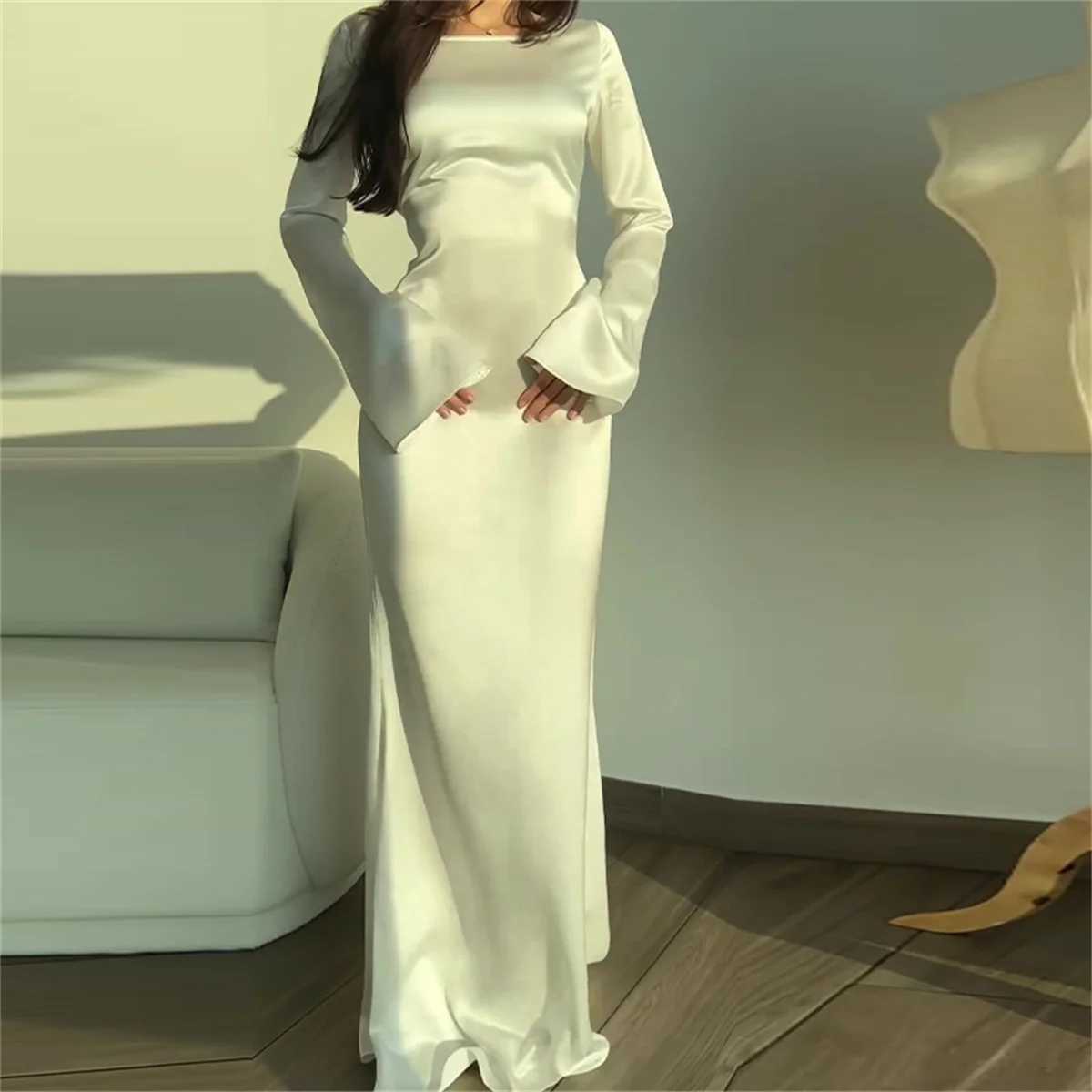 Womens Maxi Dress 2025 New Silk Long Round Neck Satin Flare Sleeve Lace Up Slim Skirt Evening Party Dresses Sexy Chic RobesXJ250514