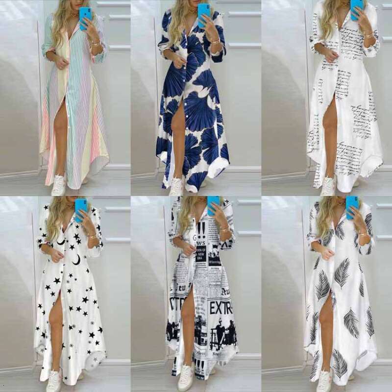 Women Clothes Dress Spring Women S Style Printed Single Breasted Split Shirt Long Dress KQ