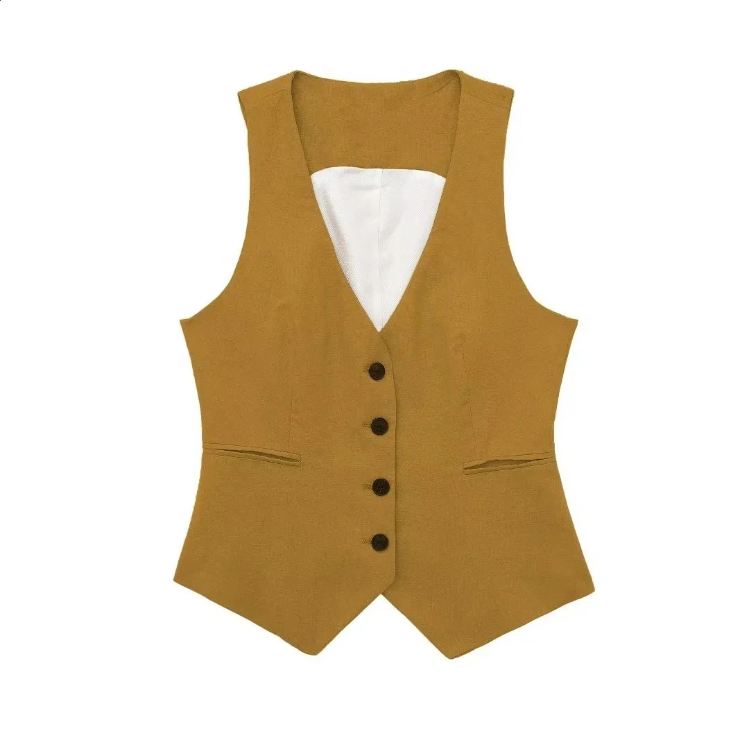 TRAF fashion womens vest linen sleeveless jacket autumn Korean black and white suit top 250506