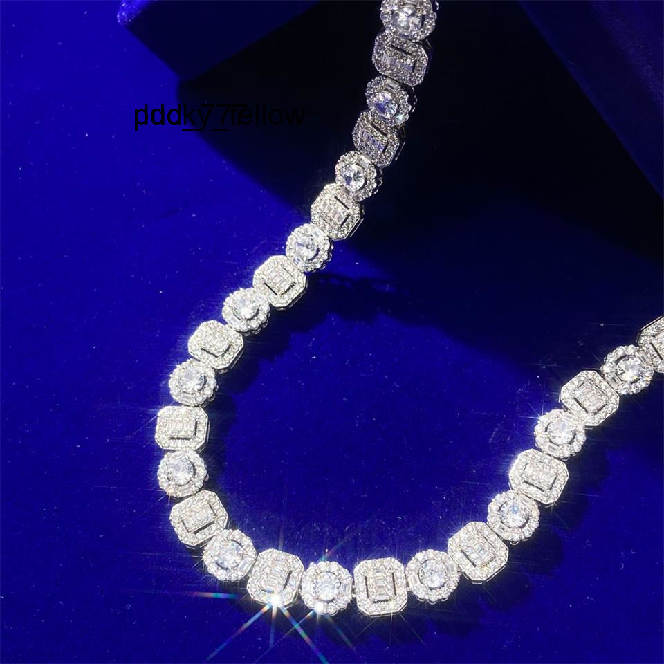 Hip Hop American Street Rap Style Fine Jewelry 925S Silver Square Moissanite Rock Full of Diamond Tennis Chain Necklace
