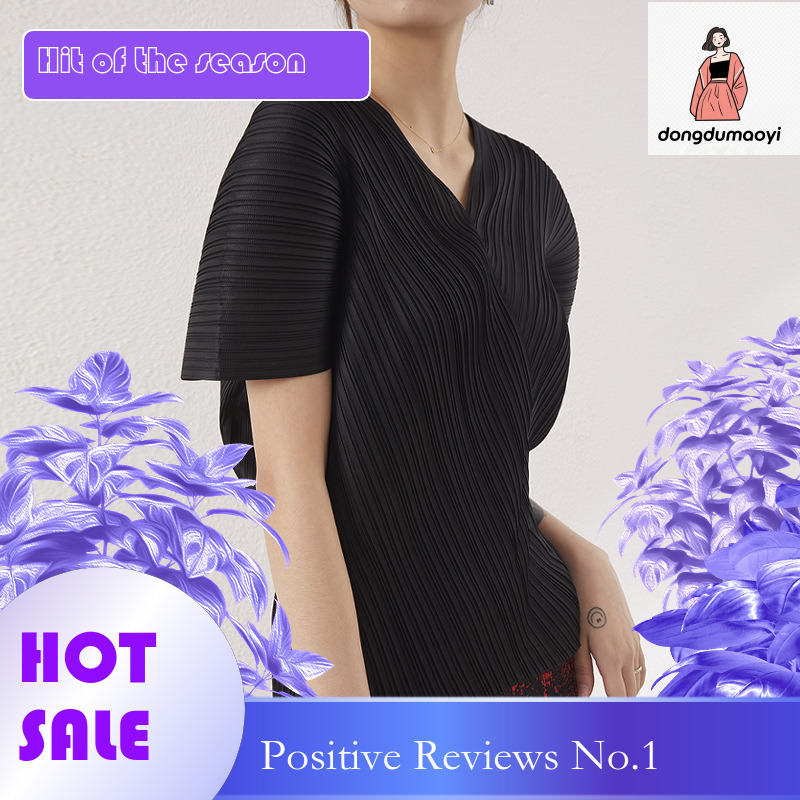dongdumaoyi Miyake Women's 2024 Summer KK Fold Cross Design Top Loose and Versatile T-shirt
