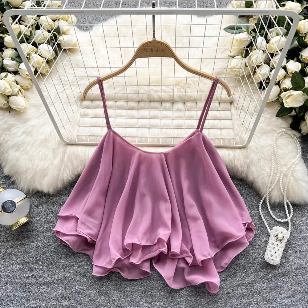 Summer Spaghetti Straps Ruffle Sleeveless Tanks and Camis Korean Corset Crop Tops Solid Tank Camisole Clothes Y2k 250506
