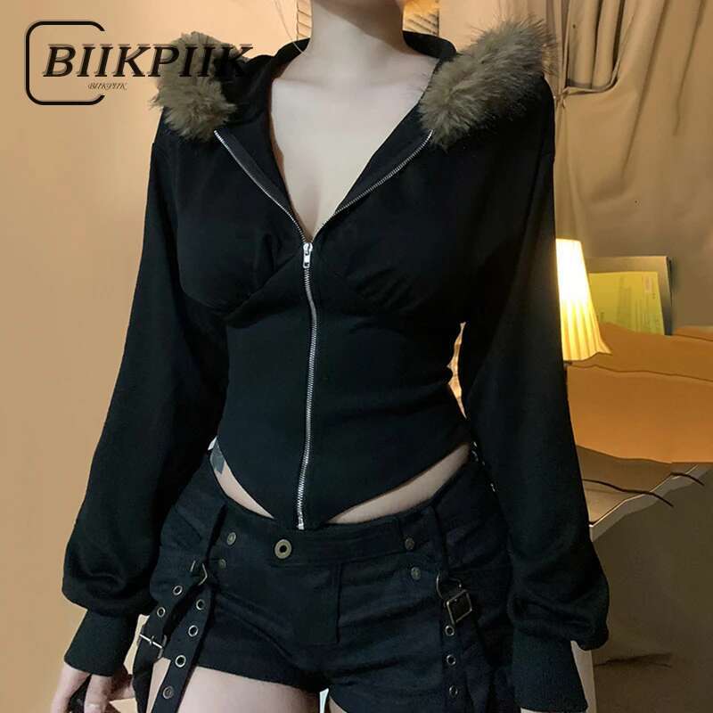 BIIKPIIK Fur Collar Hooded Women Coats Casual Zipper Slim Hoodies Simple All-Match Black Haruku Coat Autumn Winter Sweatshirts Designer