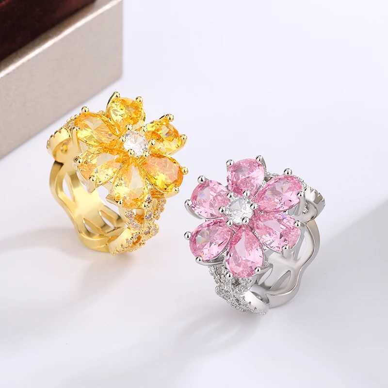 Exquisite Colorful Zircon 925 Silver Ring Women for Ring Fashion Pink Flowers Womens Engagement Ring Party Jewelry PeachXJ250514