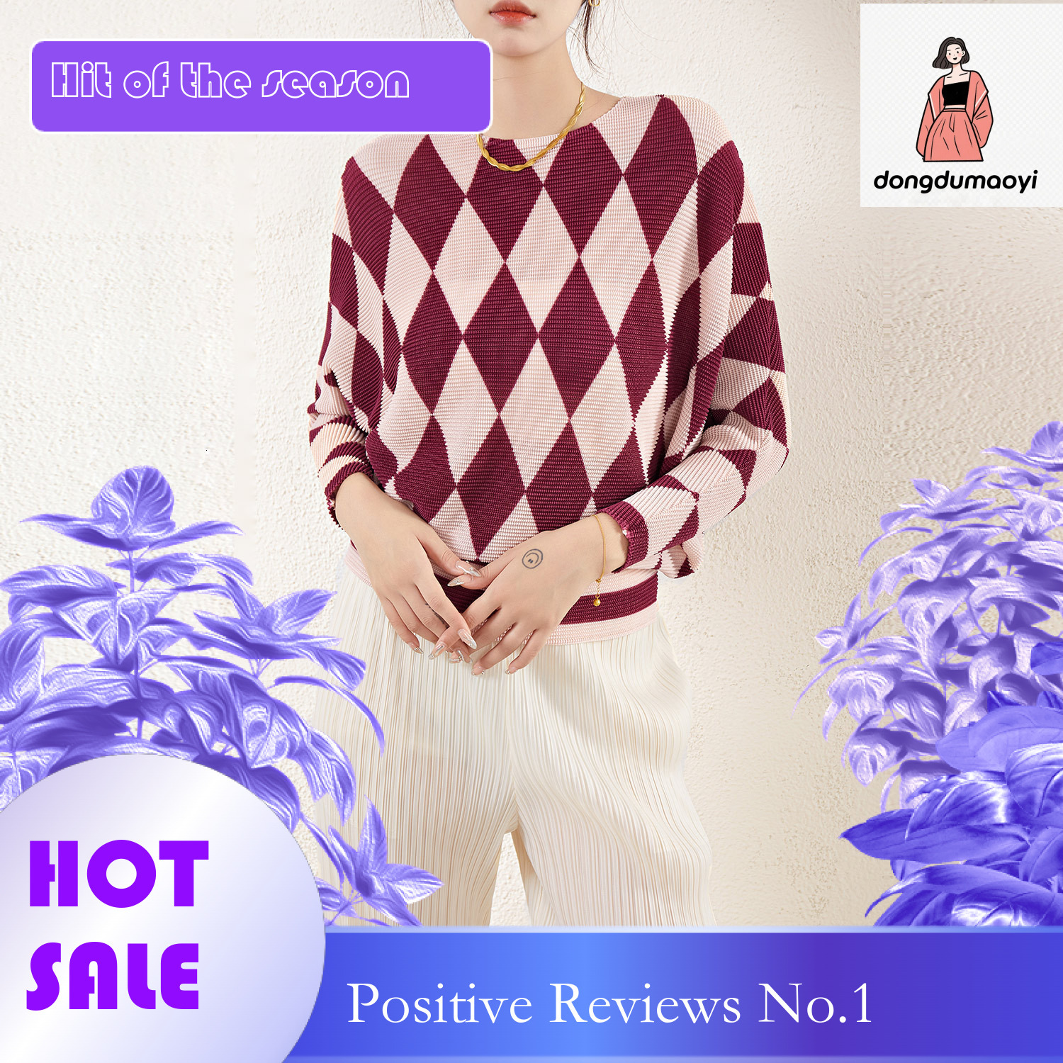 dongdumaoyi Miyake Diamond Grid Top Women's Loose Large Bat Sleeve Printed Wrinkle T-shirt Stylish Versatile Look Slimming Bottom Shirt