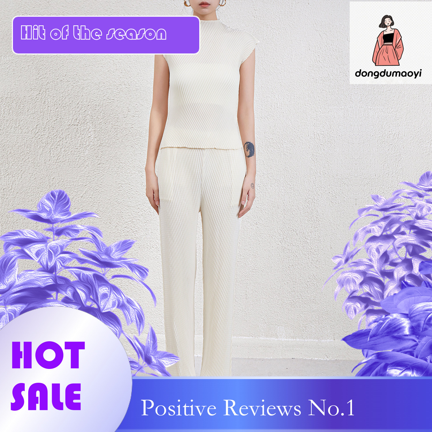 dongdumaoyi Fashionable pleated suit women's 2024 spring/summer new style simple casual short sleeved T-shirt top versatile slimming straight leg