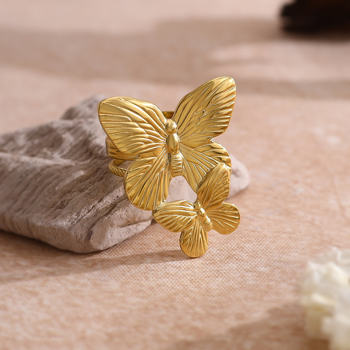 Exaggerated Butterfly Design Ring - Unique Double-layer Textured Stainless Steel Ring with PVD 18K Gold Plating for Women