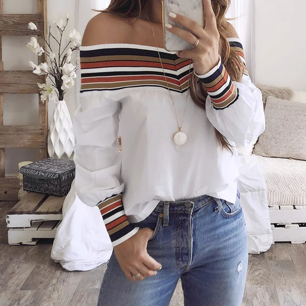 Sexy Off Shoulder Long Sleeve Women Tops And Blouses Spring Stripe Casual Blouse Womens Top Femme 250514
