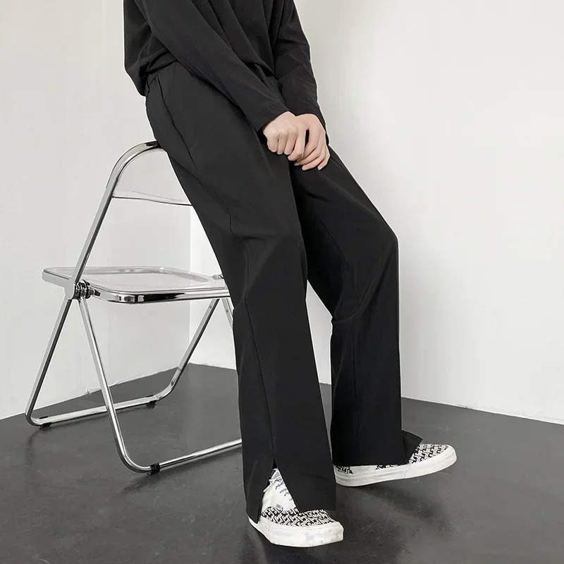 Mens Straight Baggy Casual Pants Korean Slit Personality Suit Trousers Fashion Formal Business Male Streetwear Gray Khaki Black 250513