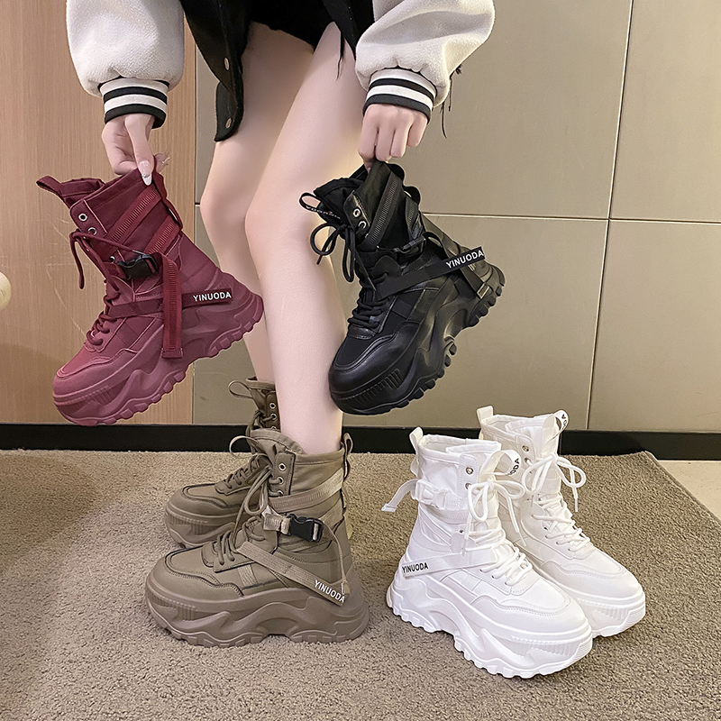 Hot Fashion Women Sporty High Top Shoes Chunky Platform Motorcycle Boots White Lace Up Thick Bottom Shoes Woman Autumn Winter Ankle Botas De Mujer