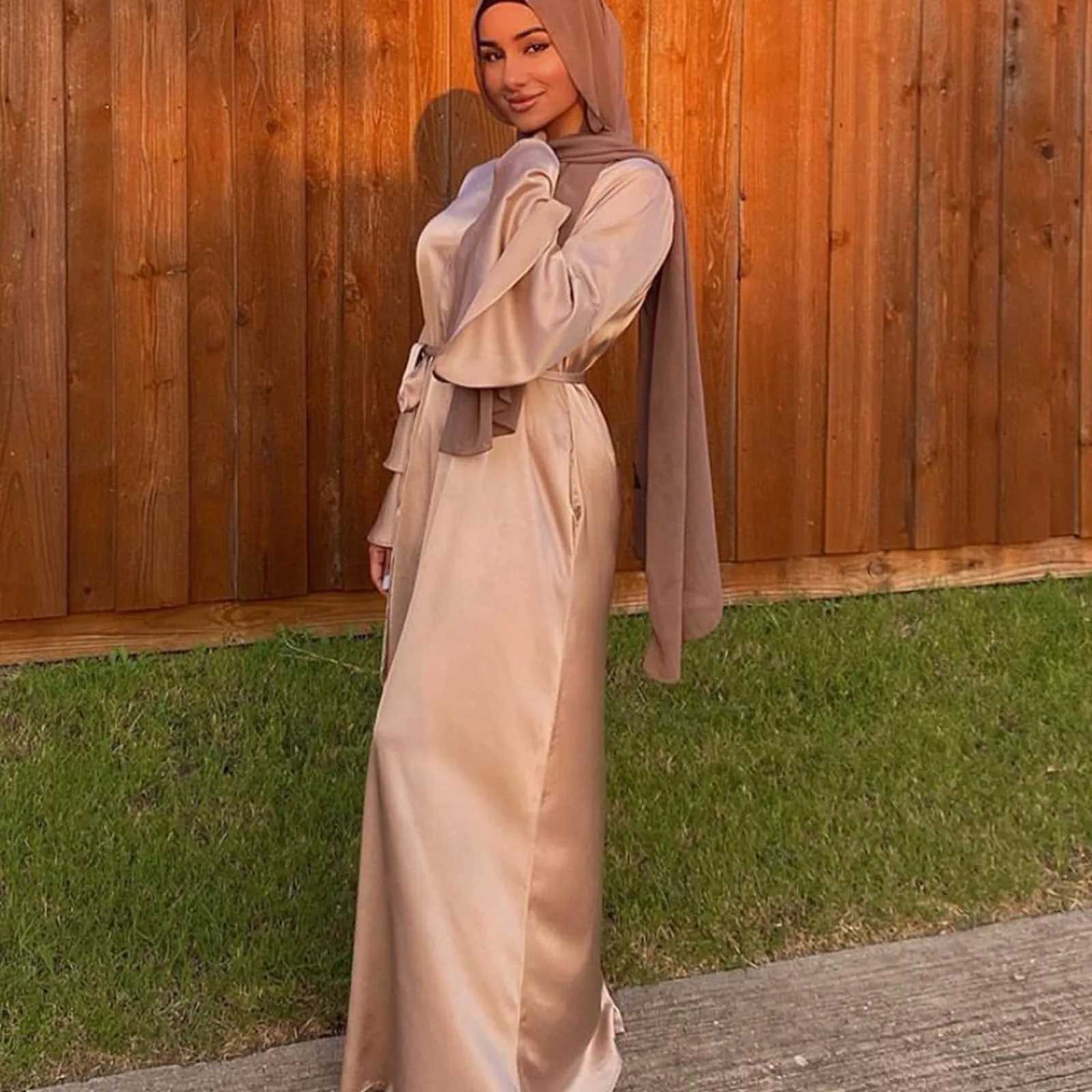 Solid Color Muslim Womens Maxi Dress O-Neck Satin Soft Summer Dresses For Women With Long Slve Elegant Dress For Women Summer X250514